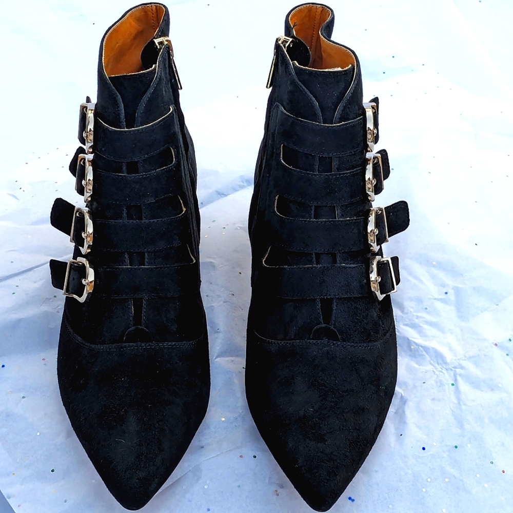 JOIE CALINDA BUCKLE SUEDE  ANKLE BOOTS NULL/BLACK KITTEN HEEL U.S 7 ERU 37